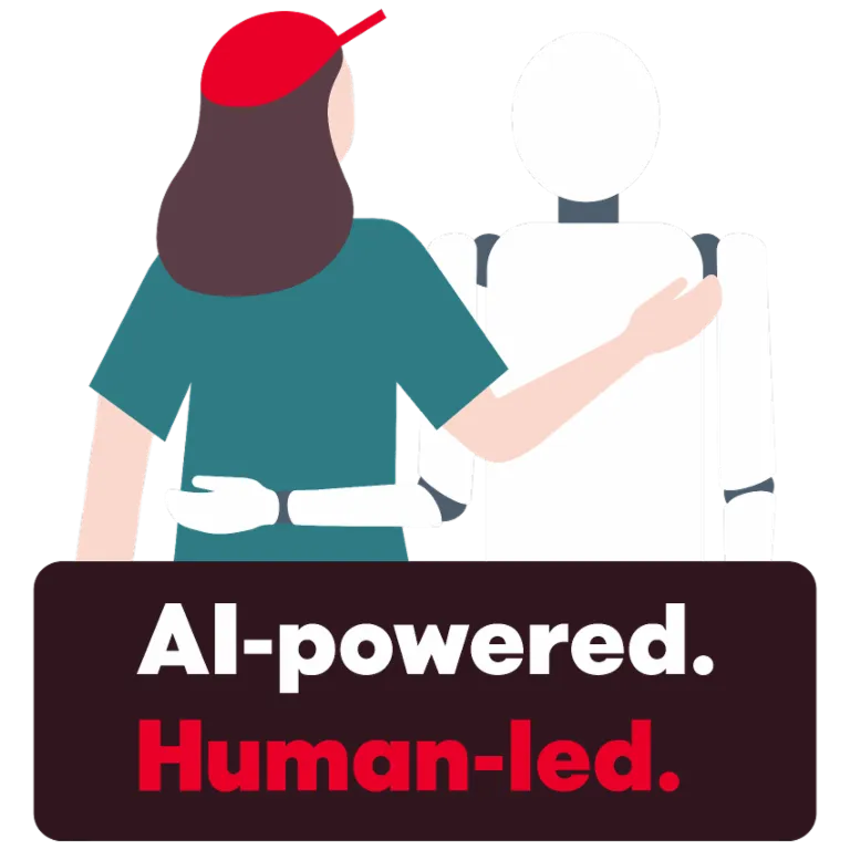 Ilustrace ukazuje osobu, která přátelsky objímá robota. Níže je text "AI-powered. Human-led.", který symbolizuje spolupráci mezi lidmi a umělou inteligencí.