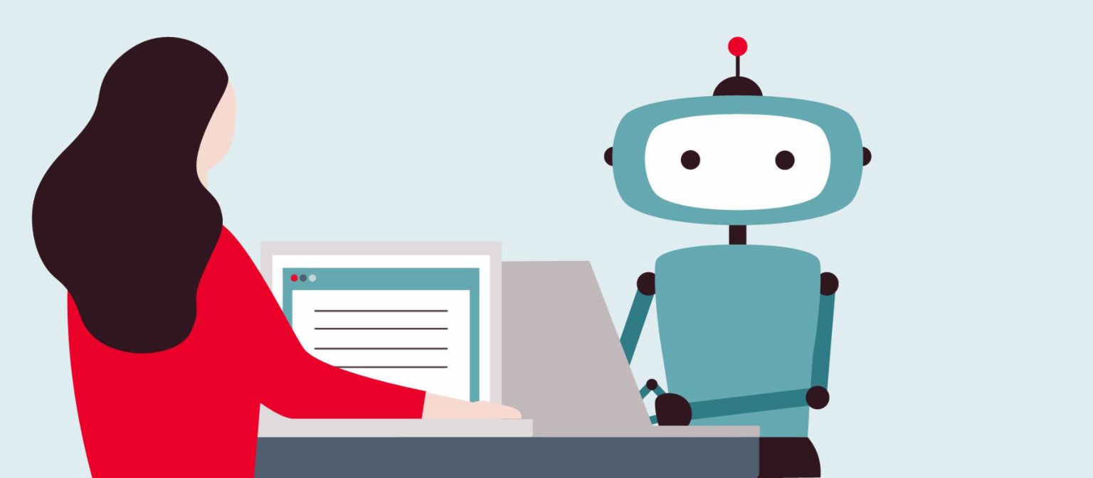 Illustration of woman in front of computer facing a robot