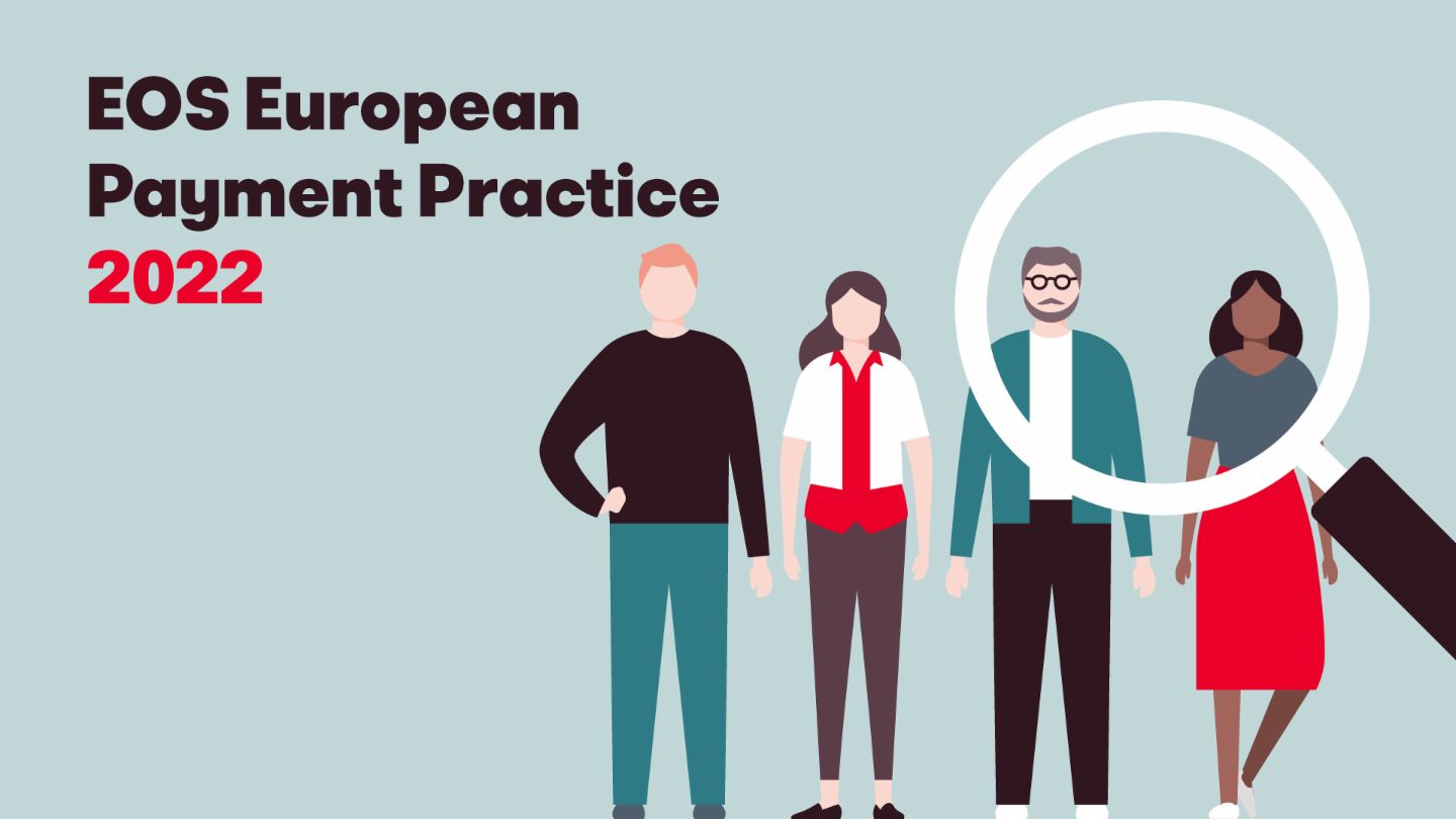 Ilustrace zobrazující čtyři různé osoby a lupu, doprovázející text "European Payment Practise EOS study 2022". Tento obrázek představuje výroční studii EOS o evropském platebním chování a trendech.