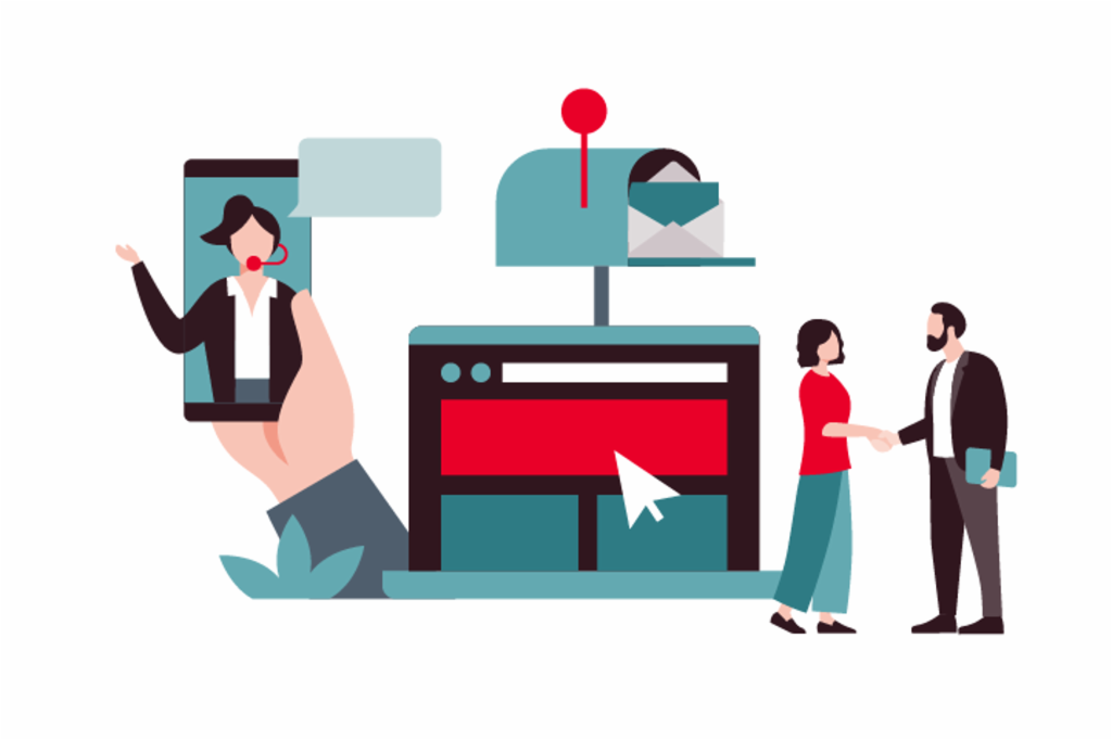 Illustration of different communication channels such as mail or telephone.