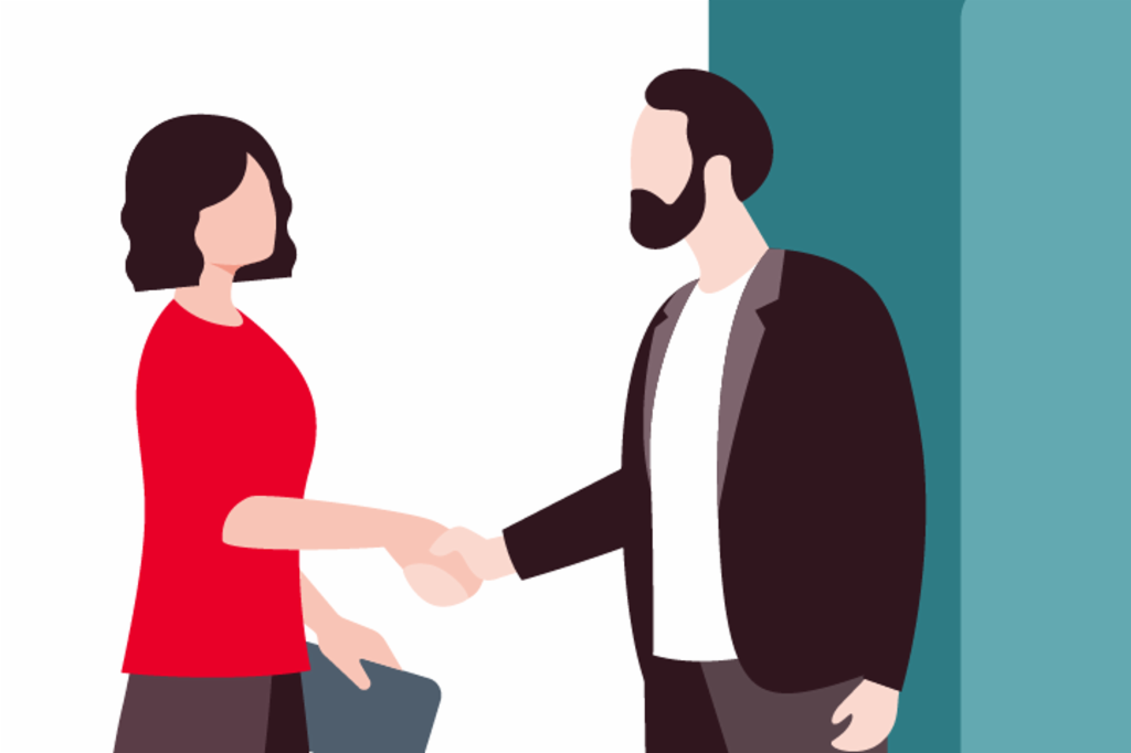 Illustation shows a woman and a man shaking hands with the woman holding a briefcase.