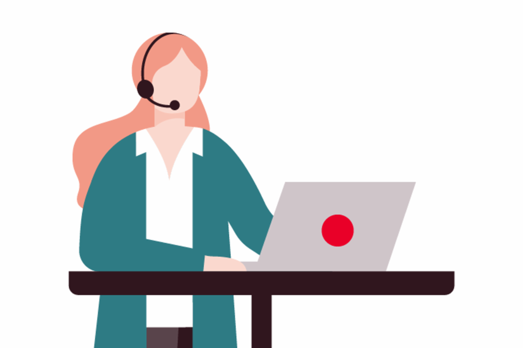 Illustation shows a woman with a headset standing at a table in front of a computer. 