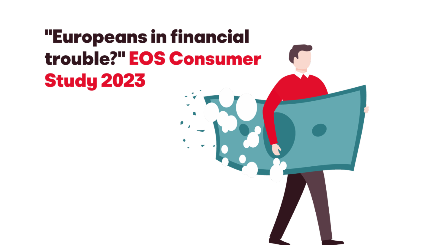  Ilustrace muže nesoucího velkou rozpadající se bankovku s textem 'Evropané v finančních potížích? EOS Consumer Study 2023'.